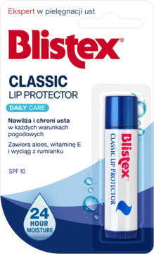 Blistex Classic Lip Protector, niebieski sztyft w blistrze, chroni i nawilża usta, SPF 10, widok z przodu.