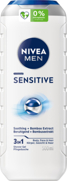 NIVEA MEN Sensitive łagodzący żel pod prysznic 3w1 z bambusem, 500ml, bez mikroplastików, widok z przodu.