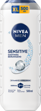 Biała butelka NIVEA MEN Sensitive żel pod prysznic XL 500ml z niebieskim logo, widok z przodu. Zawiera witaminę E i hialuron, 5w1 do ciała, twarzy, włosów.