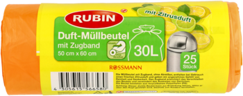 Pomarańczowe worki na śmieci Rubin 30L, 25 szt., z cytrynowym zapachem i taśmą, widok z przodu.