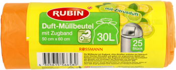 Pomarańczowe worki na śmieci Rubin 30L, 25 szt., z cytrynowym zapachem i taśmą, widok z przodu.