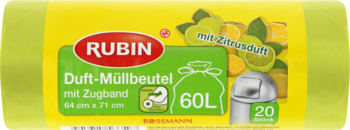 Żółte opakowanie worków na śmieci Rubin 60L z taśmą, cytrynowym zapachem i grafiką cytrusów.