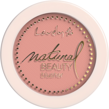 Róż mineralny Lovely Natural Beauty w okrągłym, bladoróżowym kompakcie ze złotym napisem i logo, widok z góry.