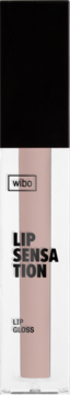 Wibo Lip Sensation Lip Gloss w przezroczystej tubce z czarną zakrętką, odcień nude. Widok z przodu.