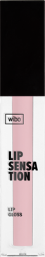 Wibo Lip Sensation Lip Gloss w przezroczystej tubce z czarną nakrętką i różowym paskiem, widok z przodu.