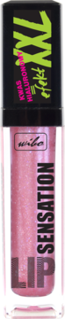 Wibo Lip Sensation XXL błyszczyk, różowy z brokatem, z kwasem hialuronowym, w przezroczystej tubce.
