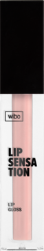 Wibo Lip Sensation błyszczyk, jasnoróżowy, w przezroczystym opakowaniu z czarną zakrętką, pionowe ujęcie.