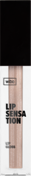Wibo Lip Sensation, transparentny błyszczyk o perłowym odcieniu nude, z czarną nakrętką, widok z przodu.