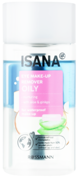 Isana 2-fazowy płyn do demakijażu oczu, tłusty, wodoodporny, aloes i miłorząb, przezroczysta butelka.