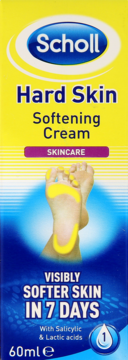 Scholl Hard Skin Softening Cream 60ml w żółtym pudełku, widok z przodu. Zawiera kwasy salicylowy i mlekowy.
