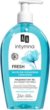 AA Intymna Fresh odświeżający żel do higieny intymnej, błękitna butelka z pompką, widok z przodu.
