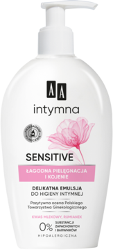 AA Intymna Sensitive, biała delikatna emulsja do higieny intymnej, widok z przodu, z różowym kwiatem.