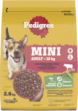 Sucha karma Pedigree Mini Adult dla psów do 10kg, wołowina, warzywa. Żółta torba 2.6kg, widok z przodu.