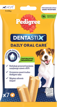 Żółta torebka Pedigree Dentastix Daily Oral Care 5-10kg dla psa, redukuje kamień, z gryzakami, widok z przodu.