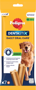 Opakowanie Pedigree Dentastix Daily Oral Care, żółte, z uśmiechniętym golden retrieverem i 3 gryzakami x7.