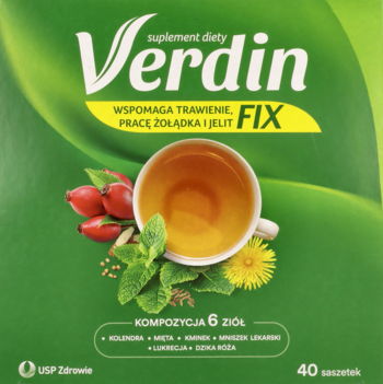 Zielone pudełko Verdin Fix suplement diety (40 saszetek) na trawienie, z filiżanką i 6 ziół.