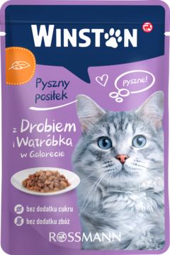 Fioletowa karma Winston dla kota: drób i wątróbka w galarecie, bez cukru i zbóż, z kotem na froncie.