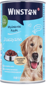 Winston, soczyste kąski z dziczyzny dla psa. Jasnoniebieska puszka z golden retrieverem na pierwszym planie.