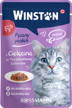 Fioletowa saszetka Winston karma dla kota z cielęciną, marchewką, bez cukru i zbóż. Widok z przodu.