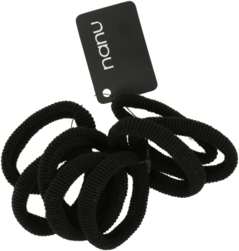 Czarne, elastyczne gumki do włosów z karbowaną strukturą, z metką Nanu, luźno ułożone w spiralne kształty.