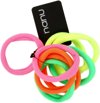 Ułożony stos jaskrawych gumek do włosów w kolorach różu, neonowej zieleni i pomarańczy, z metką Nanu.