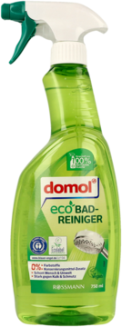 Zielony płyn domol eco BAD-REINIGER w butelce sprayu 750ml, widok z przodu. Ekologiczny środek do czyszczenia łazienek.