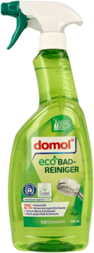 Zielony płyn domol eco BAD-REINIGER w butelce sprayu 750ml, widok z przodu. Ekologiczny środek do czyszczenia łazienek.