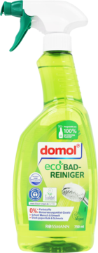 Zielony płyn Domol eco do czyszczenia łazienek w butelce 750ml z rozpylaczem, widok z przodu.