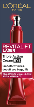 L'Oréal Revitalift Laser, czerwony krem pod oczy Triple Action, wygładza zmarszczki, srebrny aplikator.