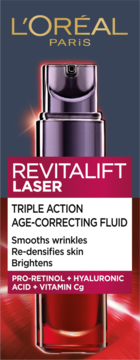 L'Or'eal Revitalift Laser fluid, fioletowa butelka z pompką, z Pro-Retinolem i kwasem hialuronowym.