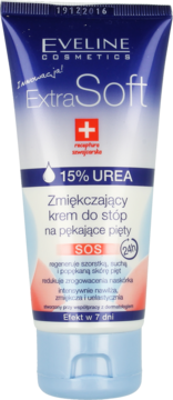 Biało-niebieska tubka Eveline Extra Soft z kremem do stóp 15% UREA na popękane pięty, widok z przodu.