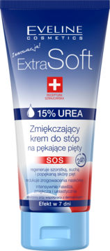 Eveline Extra Soft 15% Urea krem do stóp na pękające pięty, niebiesko-biała tubka, widok z przodu.