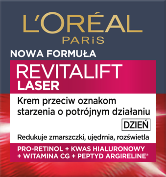 Banner L'Oréal Paris Revitalift Laser Krem na dzień, pro-retinol, kwas hialuronowy. Redukuje zmarszczki, ujędrnia.
