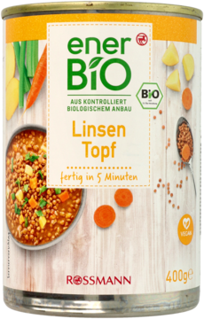 Metalowa puszka zupy Ener Bio Linsen Topf (soczewicowa), z przodu, z miską zupy i warzywami.