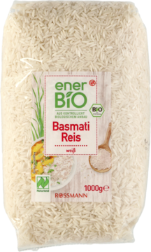 Przezroczysta torba enerBiO ryżu basmati białego ROSSMANN 1000g, z zieloną etykietą, widok z przodu.