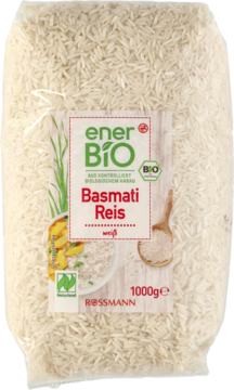 Przezroczysta torba enerBiO ryżu basmati białego ROSSMANN 1000g, z zieloną etykietą, widok z przodu.