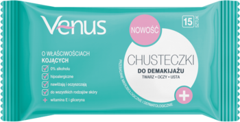 Tealowe opakowanie chusteczek Venus do demakijażu twarzy, oczu, ust, z witaminą E i 0% alkoholu, widok frontalny.