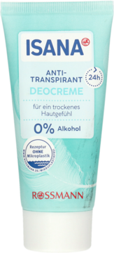 Isana Anti-Transpirant Deocreme w turkusowej tubie, 24h ochrona, 0% alkoholu, formuła bez mikroplastiku, widok z przodu.