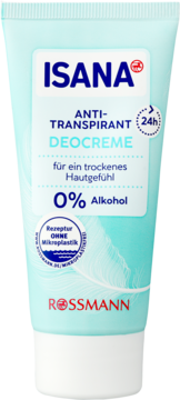 Tubka antyperspirantu w kremie Isana, 24h, 0% alkoholu, bez mikroplastiku, jasnoniebieska z białym wieczkiem, widok z przodu.