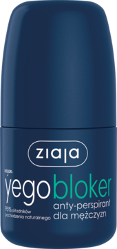 Ziaja Yego Bloker wegański anty-perspirant roll-on dla mężczyzn, ciemnoniebieska butelka, widok z przodu.