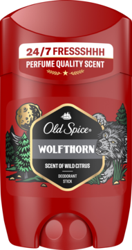 Czerwony dezodorant w sztyfcie Old Spice Wolfthorn, etykieta z wilkiem i lasem, napis 'Scent of Wild Citrus', widok z przodu.