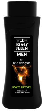 Żel pod prysznic Biały Jeleń Men z sokiem z brzozy, czarna butelka z białym napisem, widok z przodu.