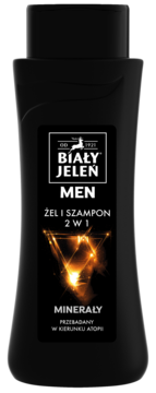 Czarny żel i szampon 2w1 Biały Jeleń Men, z minerałami do skóry wrażliwej, butelka stoi prosto.