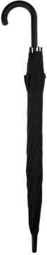Czarny, długi parasol z zakrzywioną rączką i metalowym stelażem, pionowo na ciemnym tle.