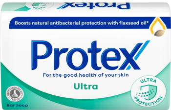 Protex Ultra mydło w kostce, biało-zielone opakowanie z niebieskim logo, widok z przodu.