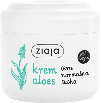 Biały krem Ziaja Aloes do cery normalnej i suchej, z zieloną ilustracją i logiem "vegan", widok z przodu.