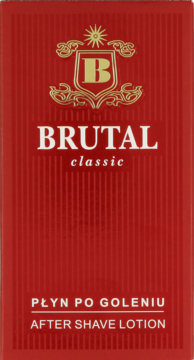 Czerwone pudełko Brutal Classic Płyn po Goleniu z białym napisem i złotym logo B, widok z przodu.