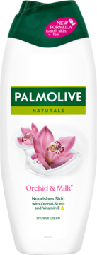 Biała butelka Palmolive Naturals Orchid & Milk Shower Cream z zieloną nakrętką, z przodu różowe orchidee i mleko.