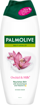 Biała butelka Palmolive Naturals Orchid & Milk Shower Cream z zieloną nakrętką, z przodu różowe orchidee i mleko.