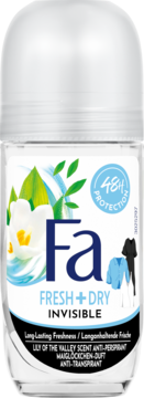 Fa Fresh+Dry Invisible roll-on antyperspirant, 48h ochrona przed śladami, zapach konwalii, widok z przodu.